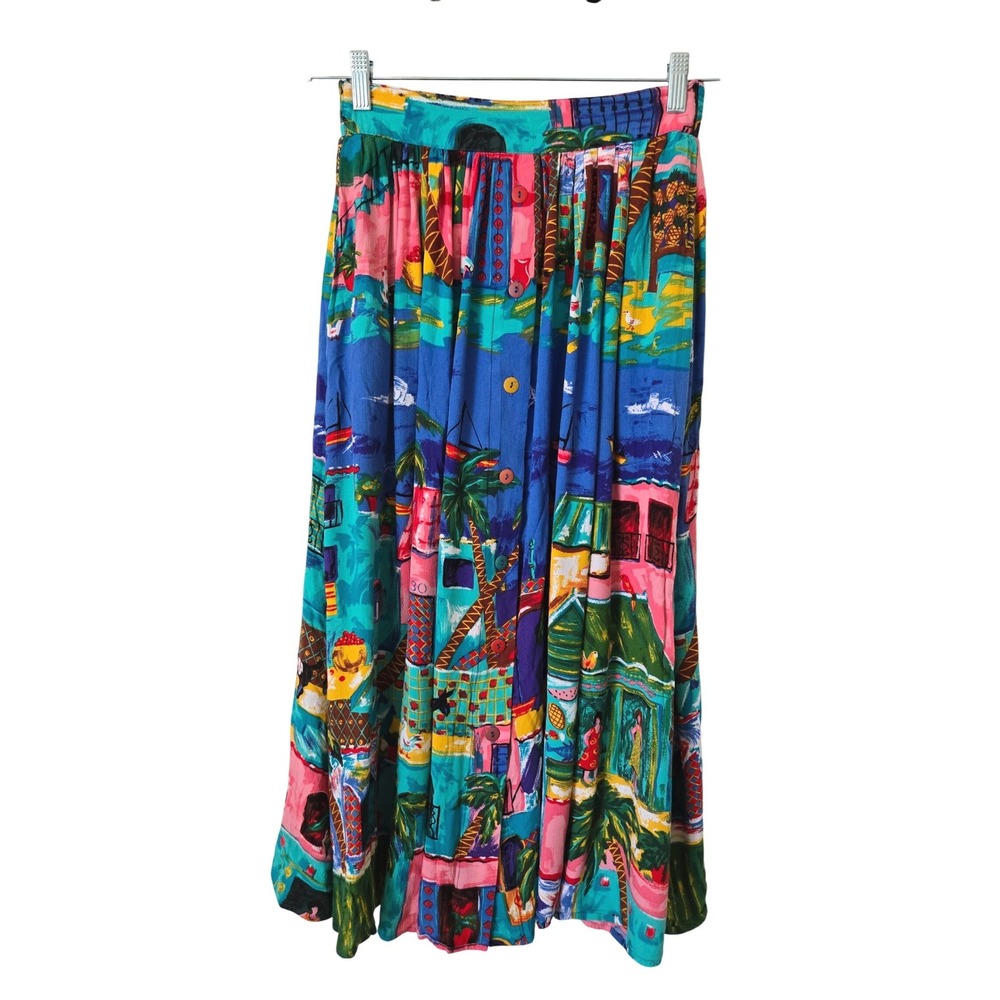 Vintage Carole Little Womens 4 Midi Skirt Multicolor Tropical Village Rayon USA